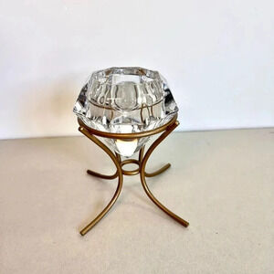 Vintage PartyLite Clear Heavy Glass Tealight Candle Holder Diamond on Gold Stand
